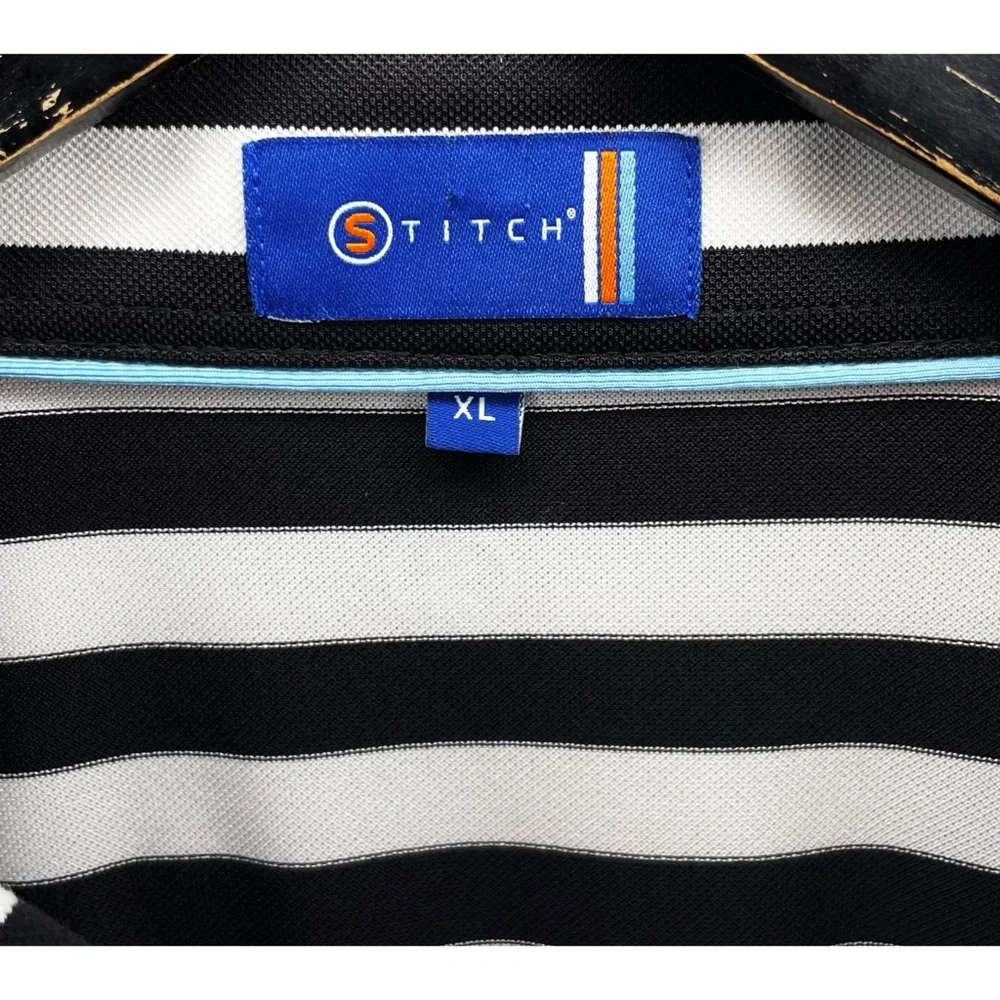 Stitch XL White Black Striped Stretch Short Sleeve Golf Polo Shirt Carpe Diem - Picture 6 of 6